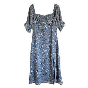 Two Sisters The Label Blue Floral Dress Swiss Dot Slit Midi Length Size‎ US 4